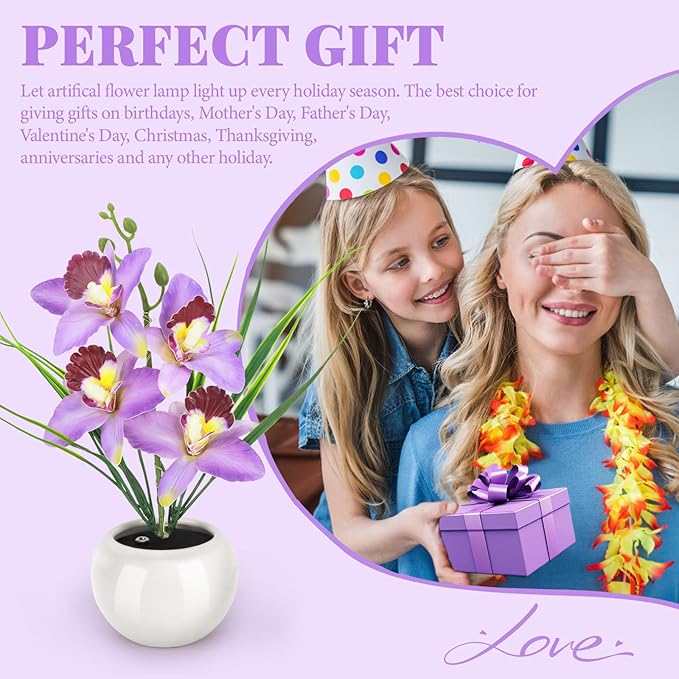 Artificial Flower Night Light, Touch Stepless Dimming USB Rechargeable Orchid Flower with Vase Lamp, LED Table Lamp Decorative Landscape Lights for Festival Party Home Decor (Purple)