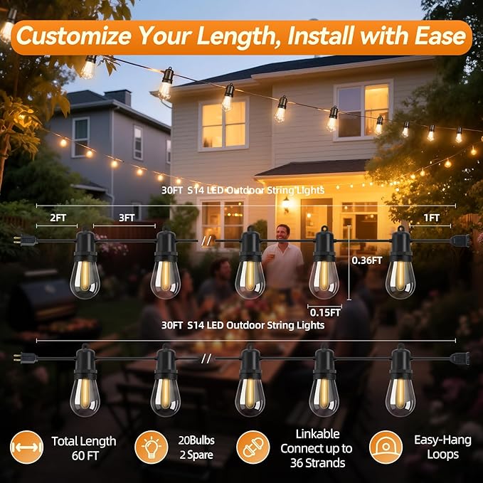 60FT Total LED Outdoor String Lights 2-Pack Dimmable Extendable S14 Bulbs IP44 Weatherproof Shatterproof Value Pack for Deck Garden