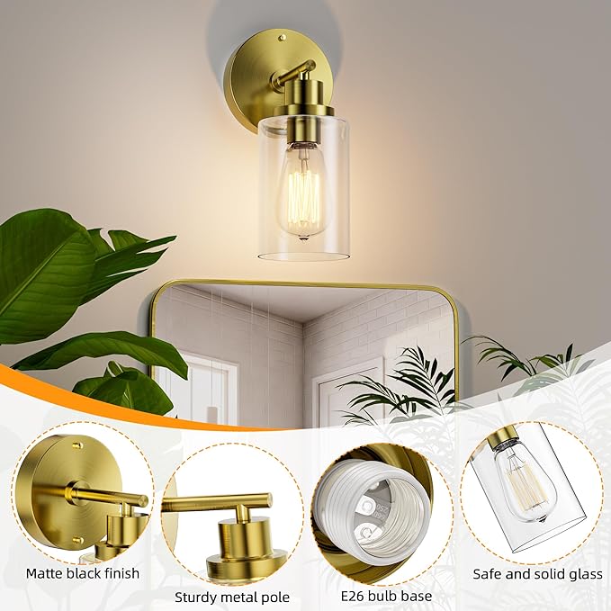 GORDNWE 1-Light Bathroom Wall Sconce, Brushed Gold Vanity Light, Modern Wall Light Fixture with Clear Glass Shade and E26 Bulb Base, Wall Lamp Wall Mount Light Fixtures for Mirror, Bedroom, Hallway