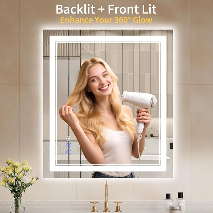 28X32 LED Bathroom Mirror with Lights, Anti-Fog, Backlit + Front Lit, Dimmable, Led Vanity Mirror for Wall, Lighted Bathroom Mirror, 3 Colors, Shatter-Proof Tempered Glass