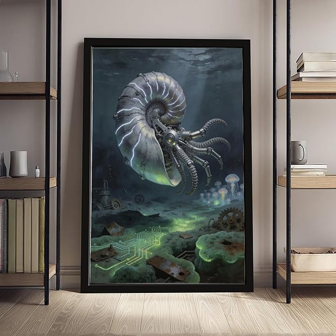 Framed Steampunk Mechanical Nautilus Wall Art - Underwater Industrial Poster for Man Cave Studio Decor 16x24in