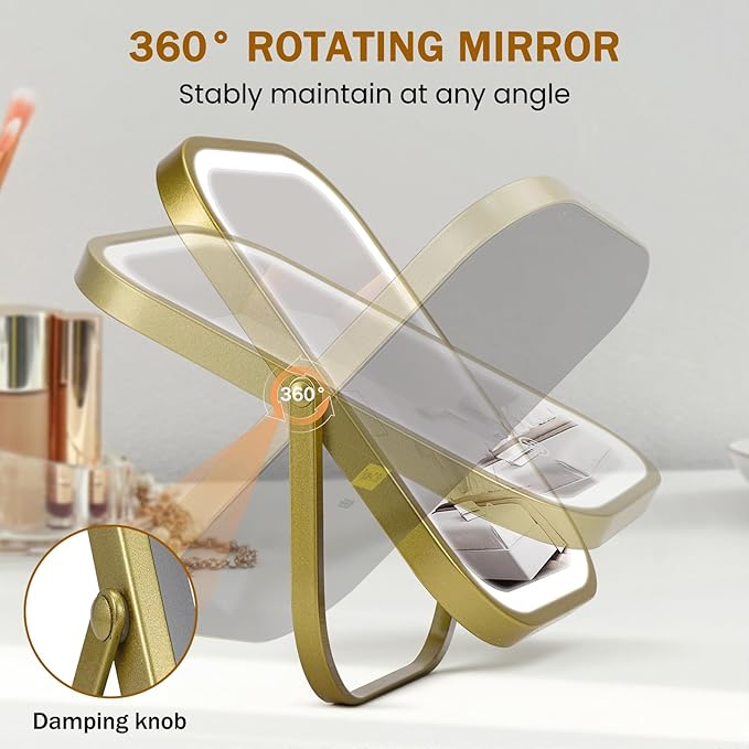 Rechargeable Travel Makeup Mirror, 8"×6" Small Vanity Mirror with Lights, 1500mAH Battery, 3-Color Lighting, Dimmable, 360° Rotation, Portable Desk Mirror with Storage Pouch, Travel Essentials (Gold)