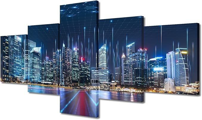 Canvas Wall Decor Modern Smart City Poster 5 Panel City Landscape Poster Classroom Wall Decorate Men Bedroom Wall Decoration Internet Companies Wall Decor Frame and Stretched Ready to Hang 50x24 Inch