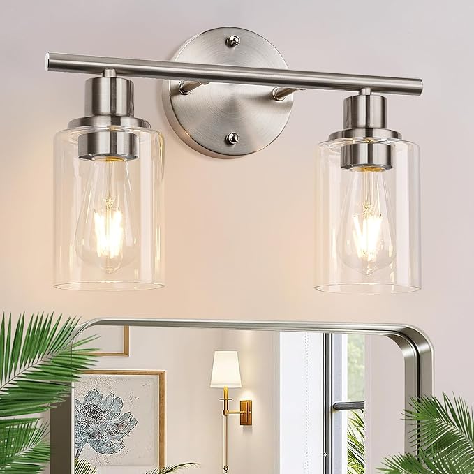 2-Light Bathroom Light Fixtures, Brushed Nickel Vanity Light, Modern Vanity Lights with Clear Glass Shade, Bathroom Wall Lamp for Mirror Kitchen Living Room Hallway Cabinet Porch