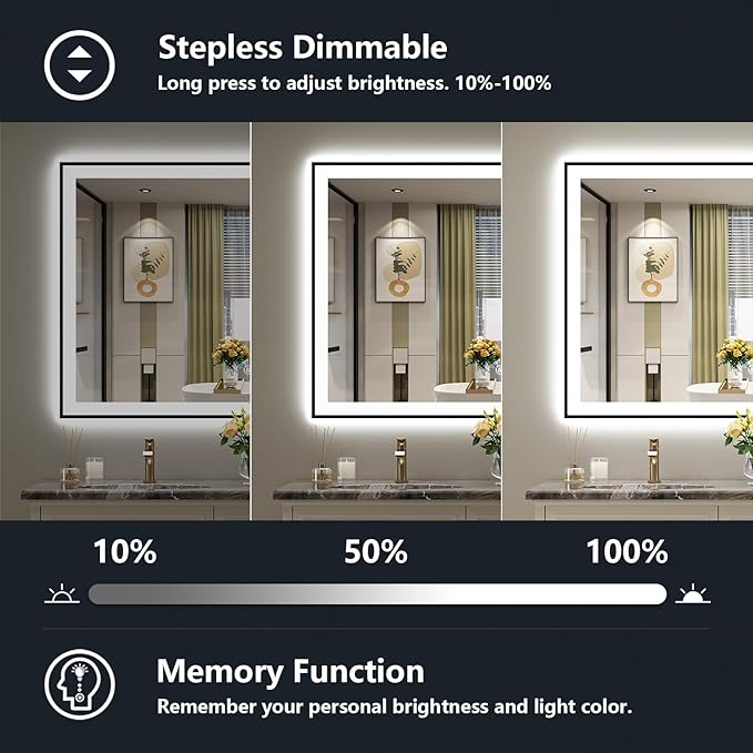 55x36 Inch LED Bathroom Mirror with Lights (Front Lit and Backlit) Black Framed Lighted Vanity Mirror for Bathroom Wall Dimmable Anti-Fog Memory Tempered Glass Horizontal/Vertical
