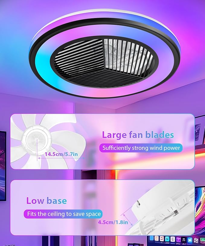 2-in-1 Low Profile Ceiling Fan with Light, 20” Caged Safety Design for Kids - RGB Color, Smart APP/Remote Control, Quiet Flush Mount DC Motor, Triangle, Ideal for Bedroom/Living Room/Kitchen, Black