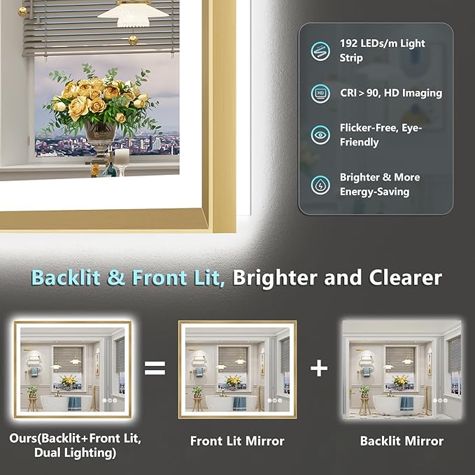48x40 Gold Beveled LED Bathroom Mirror with Lights, Brushed Gold Framed Backlit and Front Lit Anti-Fog Lighted Vanity Mirrors for Bathroom Wall, Dimmable, 3 Colors, Memory, HD Tempered Glass