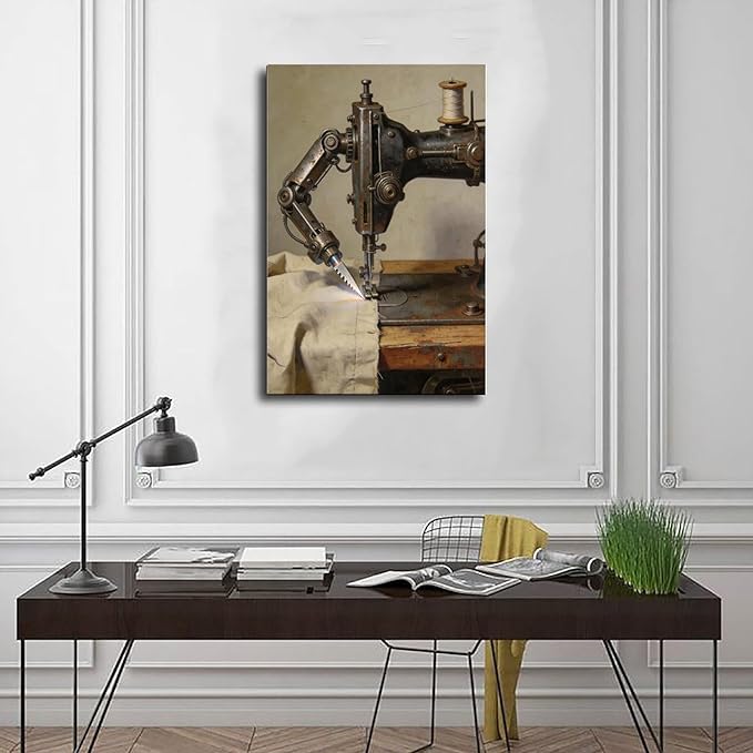 Framed Steampunk Mechanical Sewing Machine Wall Art - Retro Industrial Workshop Poster for Home Office Studio Decor 24x36inch(60x90cm)