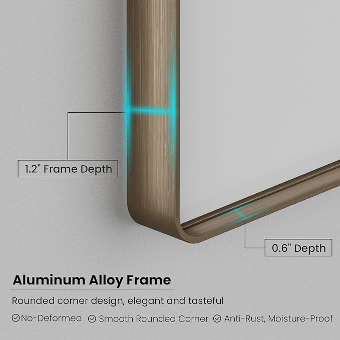 Bronze Bathroom Mirror 48x32 Inch, Brushed Bronze Metal Frame Mirror for Wall, Rounded Rectangle Bathroom Vanity Mirror with Tempered Glass, Anti-Rust, Horizontal/Vertical