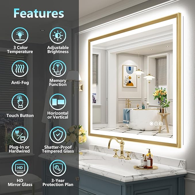 48x40 Gold Beveled LED Bathroom Mirror with Lights, Brushed Gold Framed Backlit and Front Lit Anti-Fog Lighted Vanity Mirrors for Bathroom Wall, Dimmable, 3 Colors, Memory, HD Tempered Glass