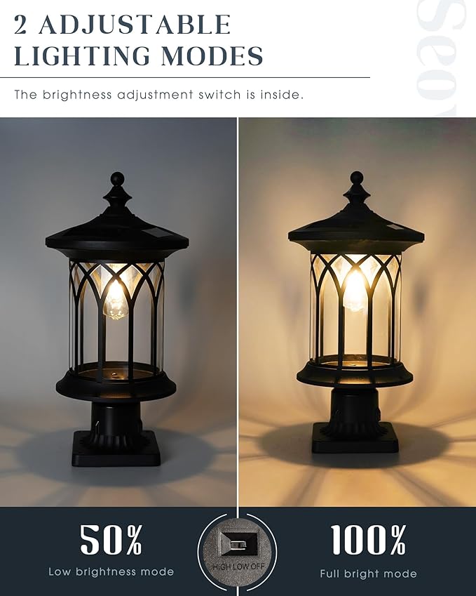 Solar Post Lights 2 Pack, Dusk to Dawn Solar Lamp Post Light Fixture E26 Base Socket, IP44 Waterproof Post Lights Outdoor Solar Powered for Pathway, Driveway, Lawn, K235SPL10-2