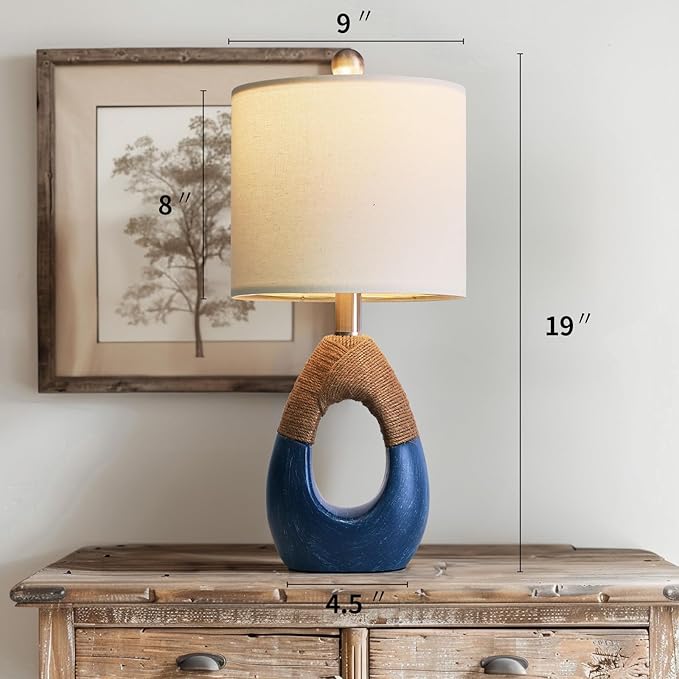 OYEARS 19" Table Lamp for Living Room,Boho Lamp for Bedroom, Bedside for Nightstands, Suitable for Small Space,Coastal Farmhouse, End Table, Rattan Nautical Beach Style, Blue,1 Pack