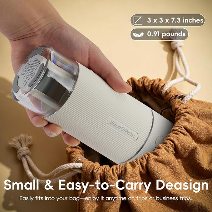 Portable Small Humidifiers for Travel, Mini Air Ultrasonic Humidifier with Filter Element - Cool Mist, Whisper Quiet, Nightlight, 350ML Tank, Car Modes, Perfect for Baby, Bedroom, Hotel, Desk, Plants