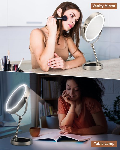 9" Lighted Makeup Mirror,1X/10X Magnifying Vanity Mirror with Height & Brightness Adjustable,Rechargable Makeup Mirror,360°Rotation Double Sided Standing Desk Mirror (Brush Nickel)