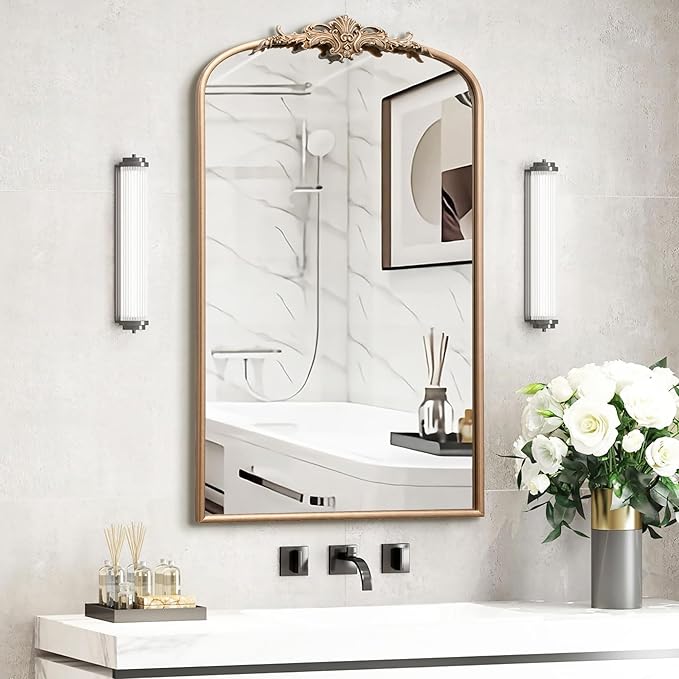 Besdomus Vintage Gold Wall Mirror: 24"x42" Large Arch Champagne Gold Antique Wall Mounted Mirror - Traditional Ornate Home Decor for Entryway/Fireplace/Bathroom - Baroque Idea for Housewife