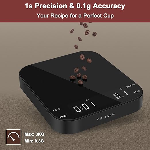 Pour Over Coffee Scale with Timer - 0.1g High Precision Digital Espresso Scale for Portafilter Weighing & Coffee Beans. Large Wide Base Gram Scale for Kitchen, Chemex & French Press (Black)