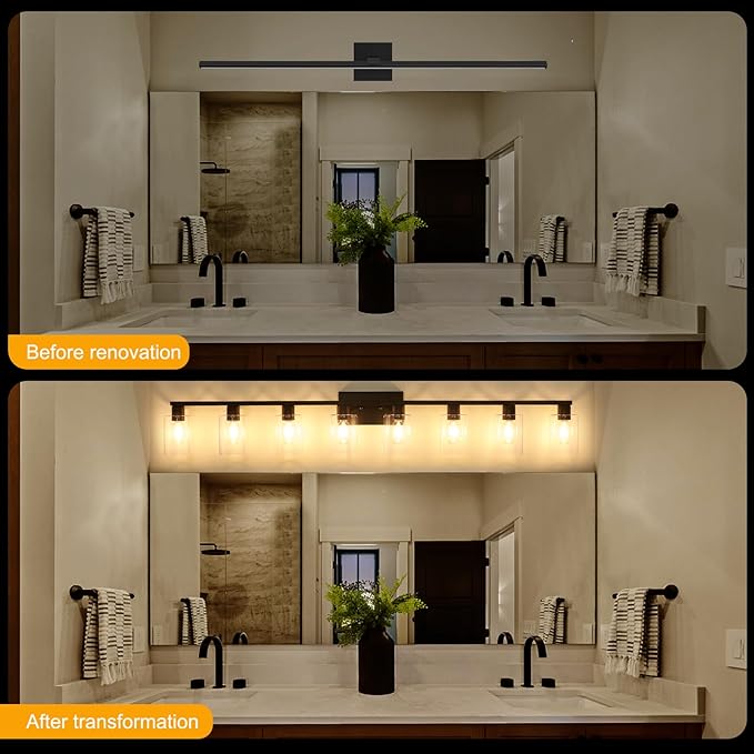 8-Light Black Vanity Light Fixtures,Vanity Lights Clear Glass ShadeRust and Moisture Resistant Easy to Install Vanity Lights for Bathroom Light Over Mirror
