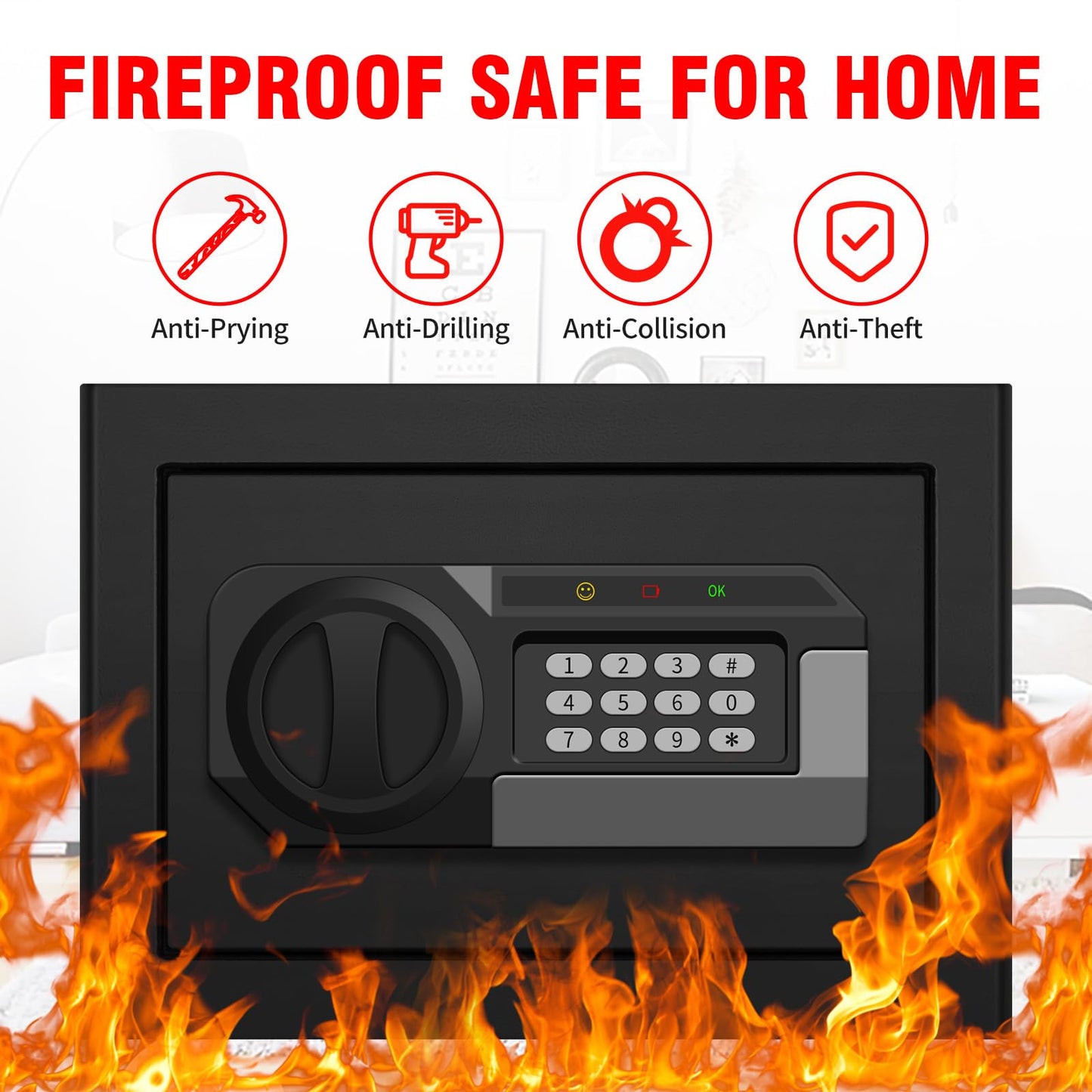 1.2 Cubic Feet Small Fire Safe Box for Home, Fireproof Lock Box, Security Money Safe with Digital Keypad, Spare Keys and Removable Shelf, Personal Home Safes for Money, Jewelry, ID Documents