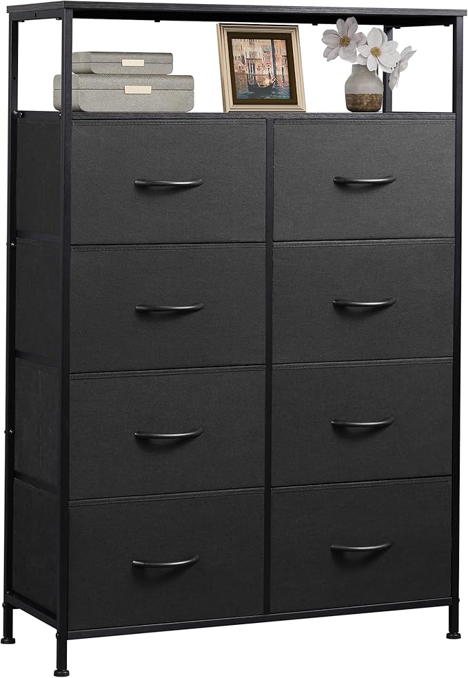 WLIVE Fabric Dresser for Bedroom with Open Shelves, Tall White Dresser with 8 Drawers, Storage Tower with Fabric Bins, Chest of Drawers for Closet, Hallway