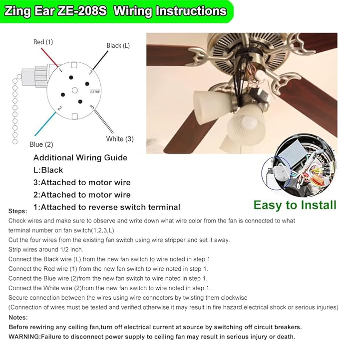 Ceiling Fan Switch Zing Ear ZE-208s E89885 3 Speed 4 Wire Pull Chain Switch with 4 Pre-Installed Wires Replacement Part for Hunter, Hampton Bay, Harbor Breeze Fans (Bronze Chain)