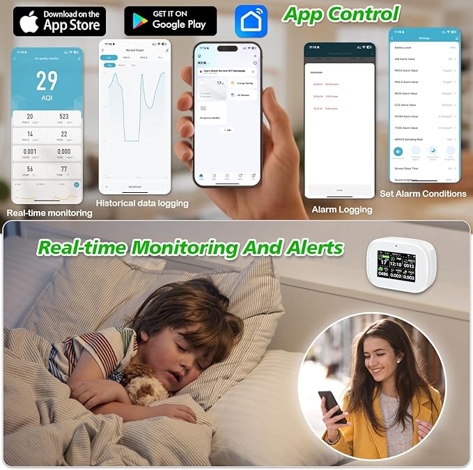 18-in-1 Smart Air Quality Monitor - Indoor WiFi Air Quality Detector with Dual Chip, Real-Time for AQI, CO2, PM2.5, PM1.0, PM10, TVOC, HCHO, Time, Temperature & Humidity with APP (White-Black)