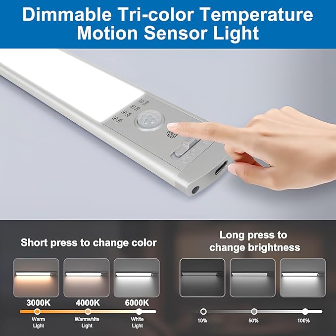 Under Cabinet Lighting, 2Pack Motion Sensor Light Indoor with 3 Color Temps, Rechargeable Under Counter Lights for Kitchen,Dimmable Closet Lights Battery Operated, 88 LED Motion Sensor Light Indoor
