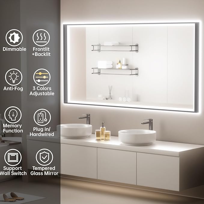 60x30 LED Bathroom Mirror with Lights, Black Aluminum Framed, Backlit + Front Lit, Lighted Bathroom Vanity Mirror for Wall, Anti-Fog, Memory Function, Dimmable, Shatterproof ETL Listed