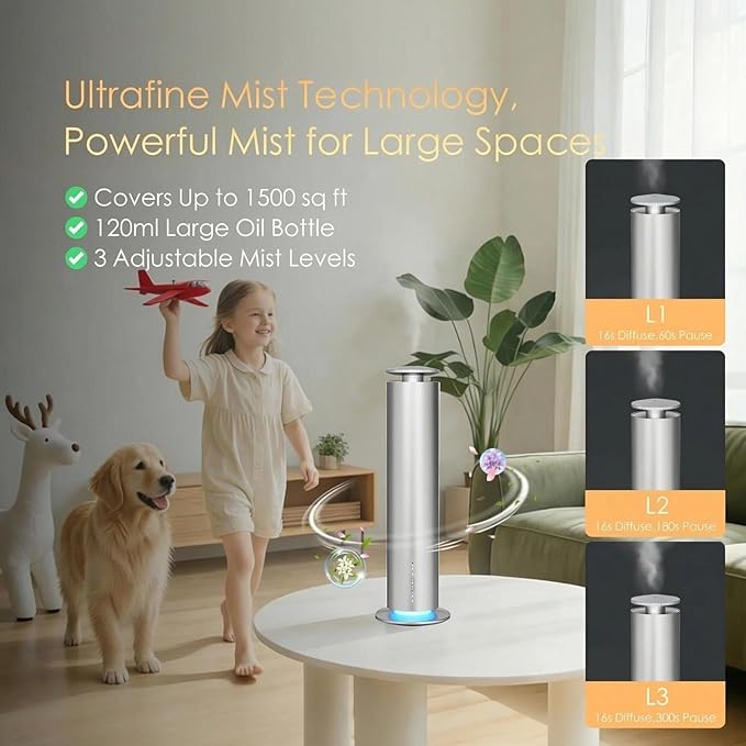 Waterless Essential Oil Diffuser, Long Lasting Aromatherapy Scent Diffuser for Home with Light Mode, 1500 Sq. Ft Coverage Quiet Oil Diffusers for Bedroom, Office, Included 5 Scent Oils(3.3OZ), Silver