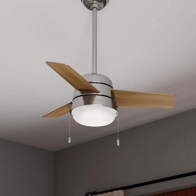 Hunter 36 inch Small Indoor Ceiling Fan with LED Light and Pull Chain - Modern Ceiling Fan, Standard Mount, 3 Blades, For Bedroom, Home Office, or Laundry Room, Quiet - Aker 59303, Brushed Nickel