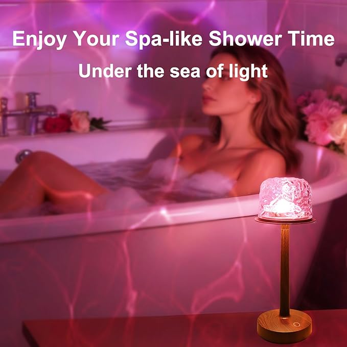 Waterproof Shower Lamp Cordless, Rechargeable Shower Light with 16 Color Ocean Wave Lights Projector, Rechargeable Bathroom Lamp with Touch & Remote Control,Spa-Like Mood Light for Bathtub/Shower