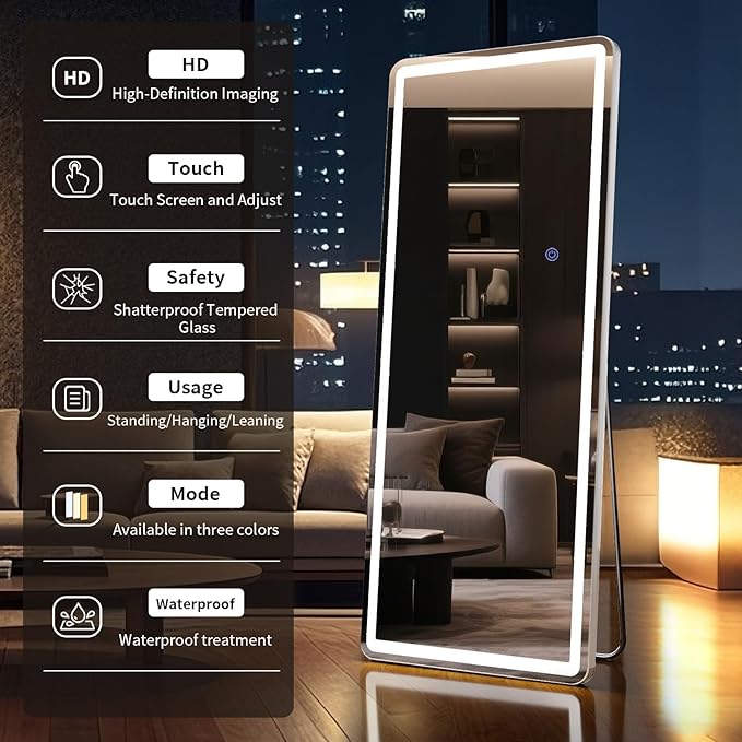 76"x34" LED Full Length Mirror – Standing Floor Mirror with Dimmable Lights 3 Color Modes – Adjustable Brightness, Wall-Mount or Lean for Barber, Fitness Center, Dressing Room, Vanity