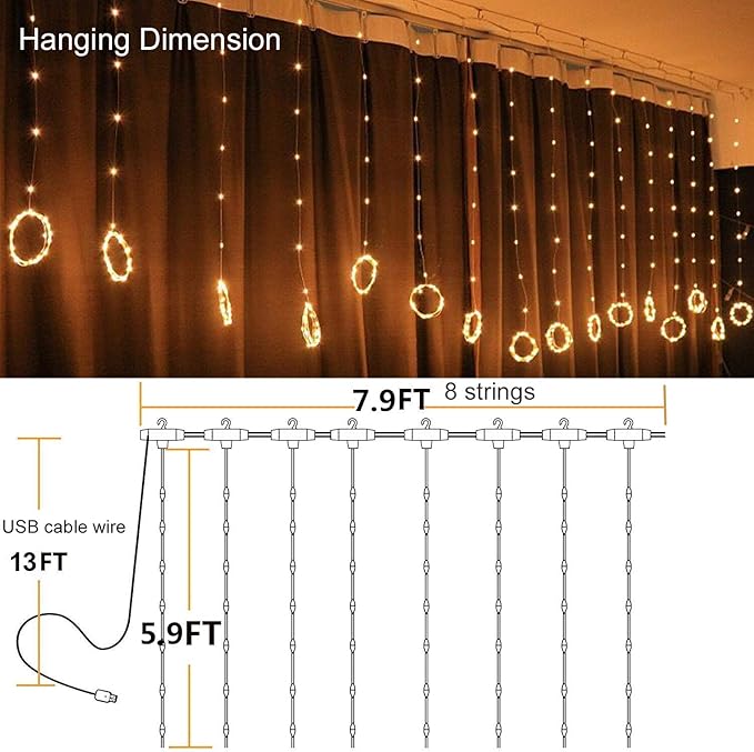 YEOLEH String Lights Curtain,USB Powered Fairy Lights for Party Bedroom Wall,8 Lighting Modes & IP64 Waterproof Ideal for Wedding Valentines Day Decor (Warm White)