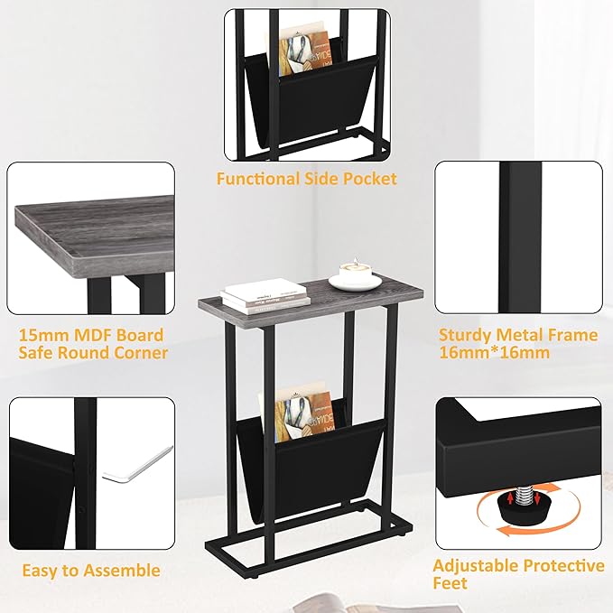 Yusong Narrow Side Table for Small Spaces, Small End Table with Magazine Holder, Skinny Slim Little Thin Table for Living Room, Bedroom, Sofa, Grey Oak