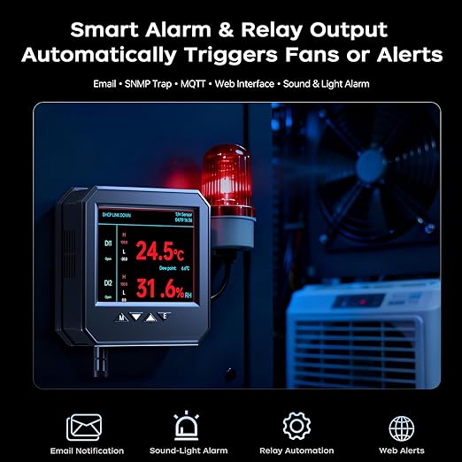 Ethernet Server Room Temperature Monitor, PoE Server Rack Temperature Humidity Sensor with Web Interface, SNMP Modbus MQTT Support, Dual Power, IP55, Data Logging, Alarm & Relay Output