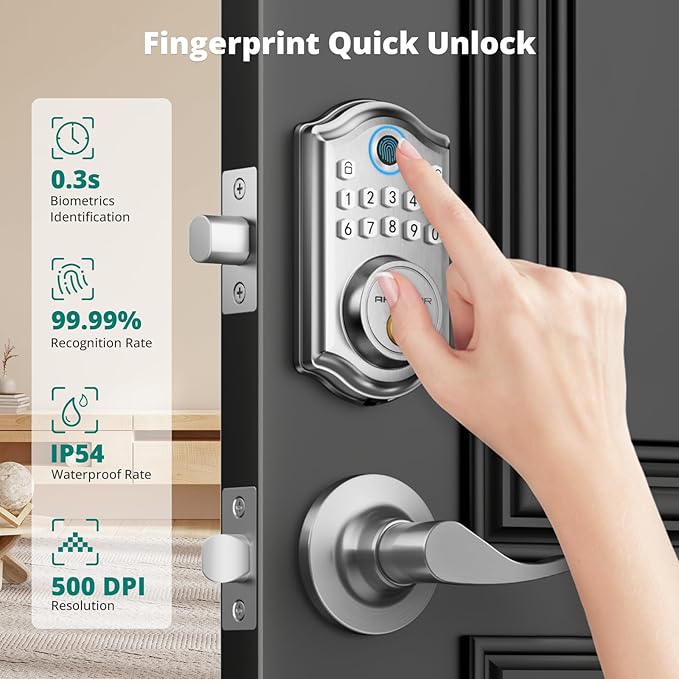 DS10 Keyless Entry Door Lock with 2 Lever Handle, Fingerprint, Keypad Code, 2 Keys, Smart Locks for Front Door, Bedroom, One-time Code, Auto-Lock, Easy Installation - Satin Nickel