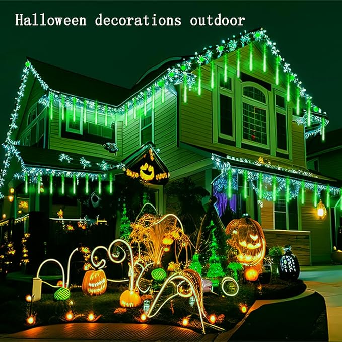 Kwaiffeo Green Icicle Lights, 16 Tubes Meteor Shower Lights(Equivalent to 2 Sets of 8-Tube) for Halloween Christmas Decorations Outdoor, Green Light for Xmas St. Patrick's Day Alien Decor, UL Plug