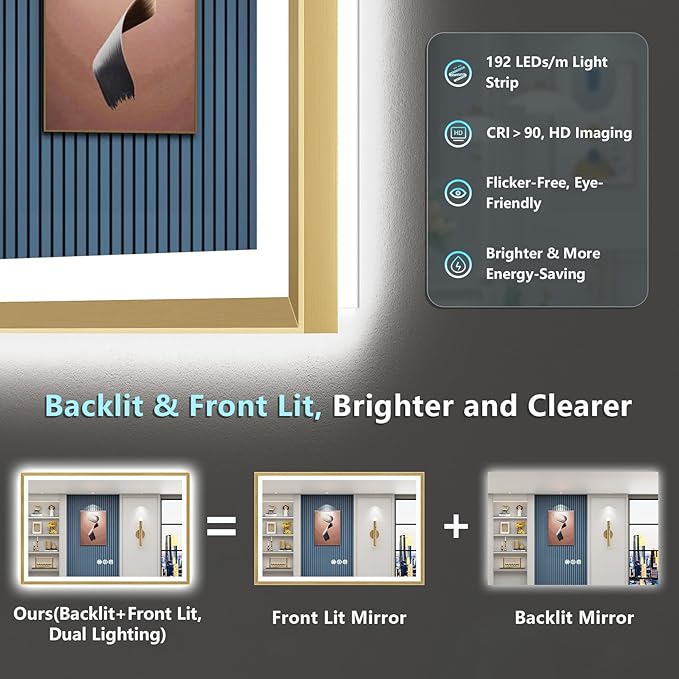 55x36 Gold Beveled LED Bathroom Mirror with Lights, Brushed Gold Framed Backlit and Front Lit Anti-Fog Lighted Vanity Mirrors for Bathroom Wall, Dimmable, 3 Colors, Memory, HD Tempered Glass