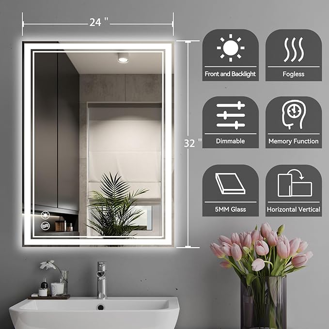 2 Pack 24“ x 32” LED Bathroom Mirror Fogless LED Mirror for Bathroom Dimmable 3 Colors Bathroom Mirror with Lights Smart Mirror Memory Function Wall Mounted Horizontal/Vertical
