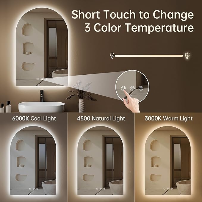 Arched Backlit Mirror Bathroom 24"x36"- Frameless LED Bathroom Mirror with Lights, Fogless, Dimmable, 3 Color Changing, Shatterproof, Touch Sensor