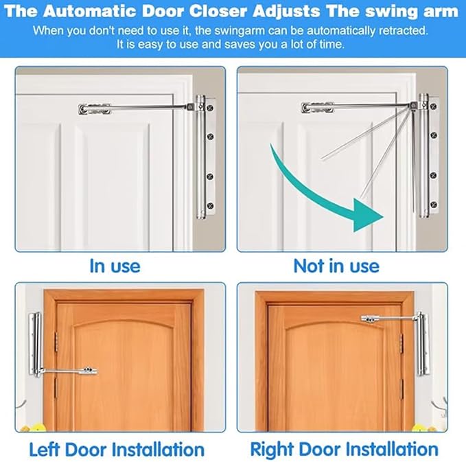 Automatic Door Self-Closing Hinge, Automatic Door Closer, Safety Spring Door Closer,Adjustable Catch Speed Closure,Top Latch Soft Close,Easy to Install,Stainless Steel with Force Arm,Screws and Wrench