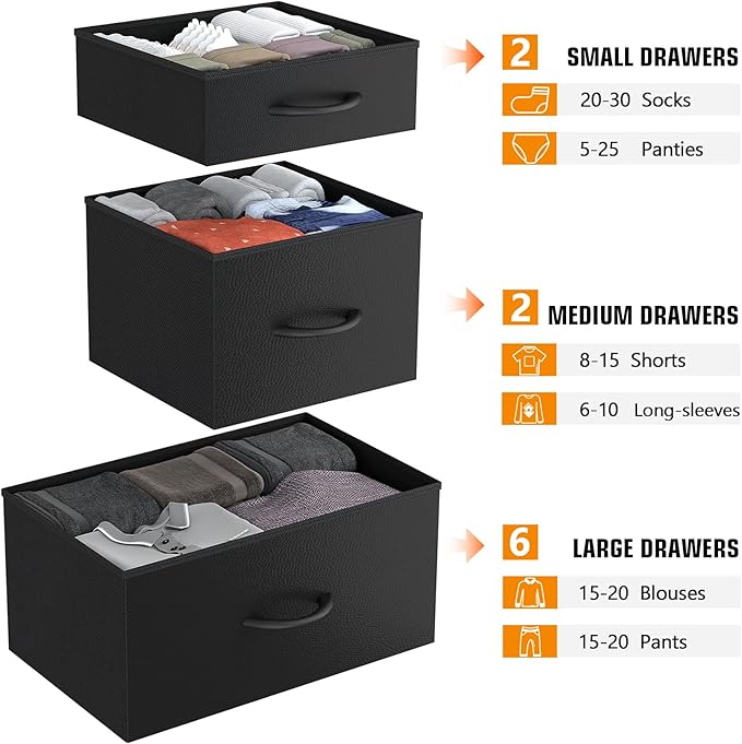 10 Drawer Dresser, Chest of Drawers for Bedroom, PU Dresser with Side Pockets, Hooks, Wooden Top and Sturdy Metal Frame for Living Room, Closet, Hallway (Black)