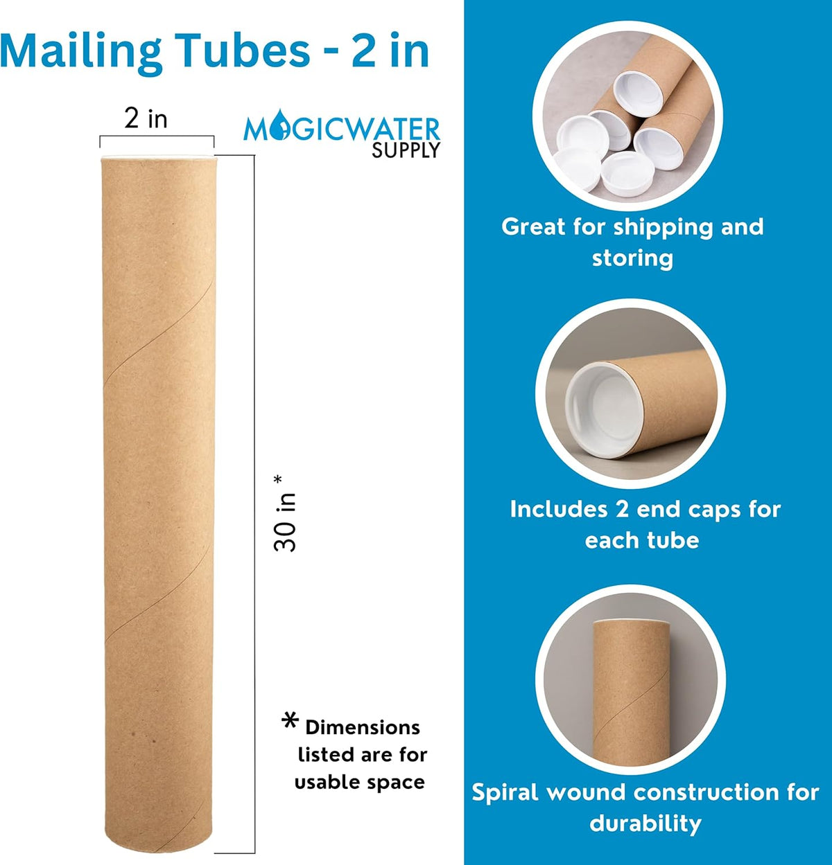MagicWater Supply Mailing Tube - 2 in x 30 in - Kraft - 12 Pack - for Shipping and Storage of Posters, Arts, Crafts, and Documents