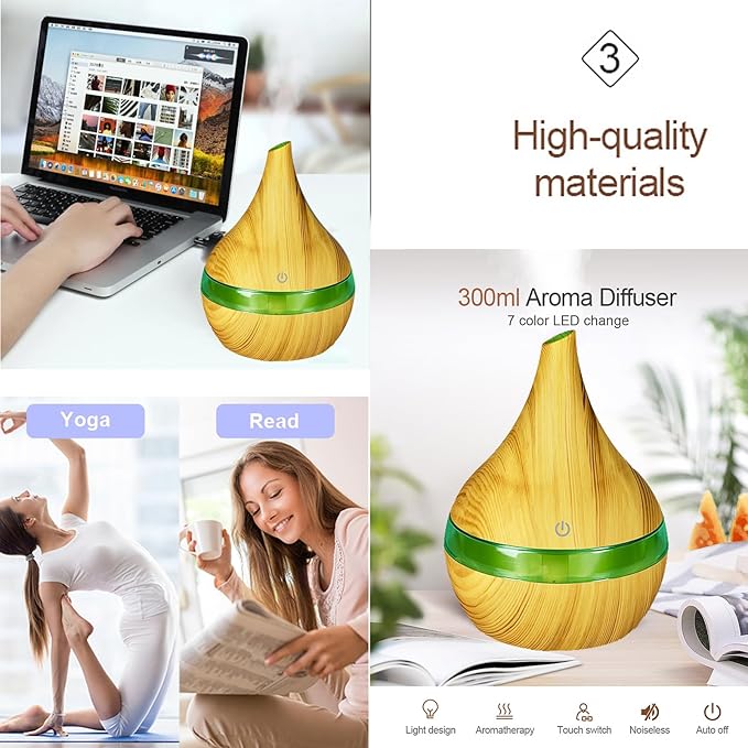FULLBELL Cool Mist Humidifier, 300ML, 10-20 Hours Runtime, 7 Color Lights, 2 Modes, 24db Quiet, Black (Light Brown-300ML)