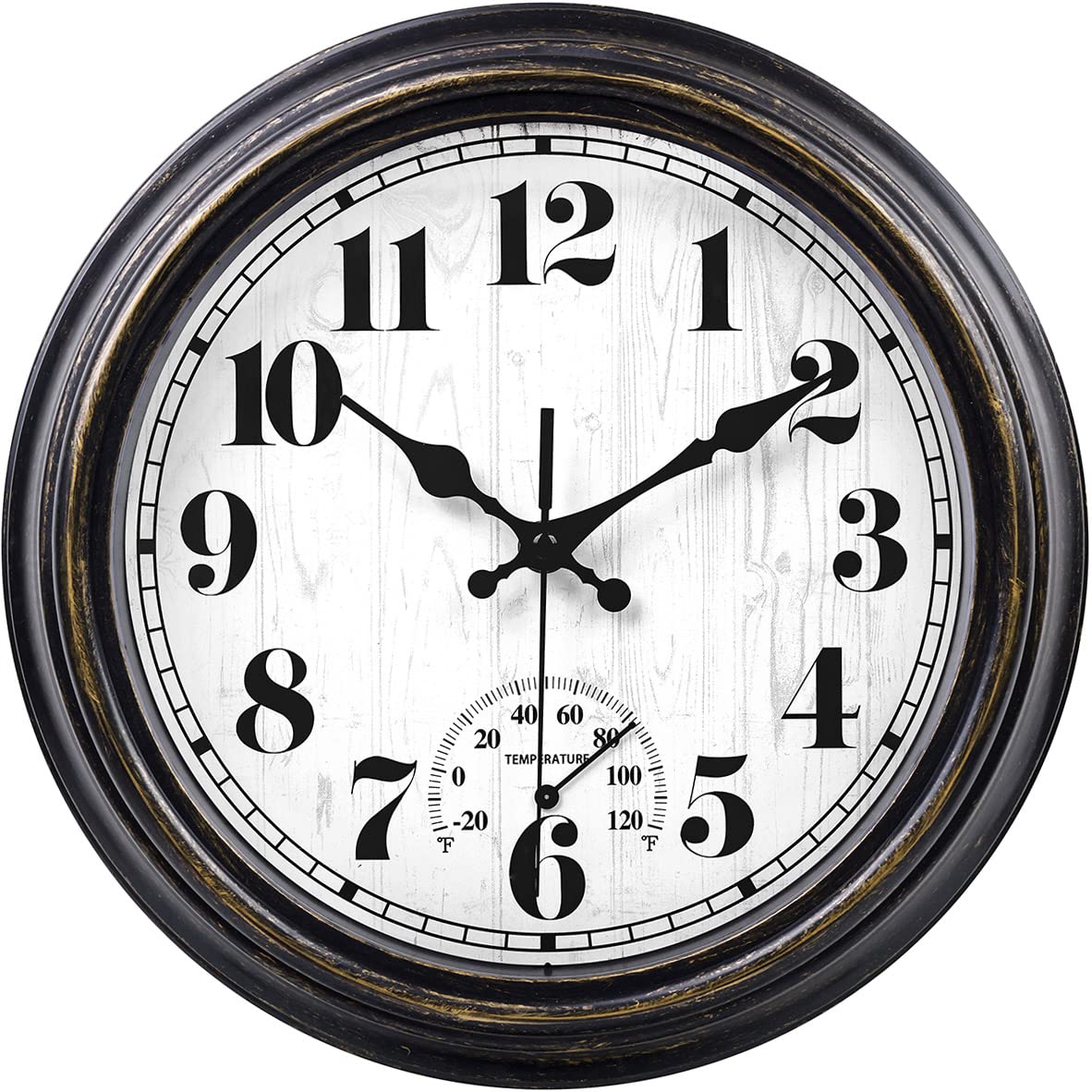 45MinST 12 Inch Indoor/Outdoor Retro Round Waterproof Wall Clock with Thermometer, Silent Non Ticking Battery Operated Quality Quartz Wall Clock Home/Patio Decor(Black Gold)