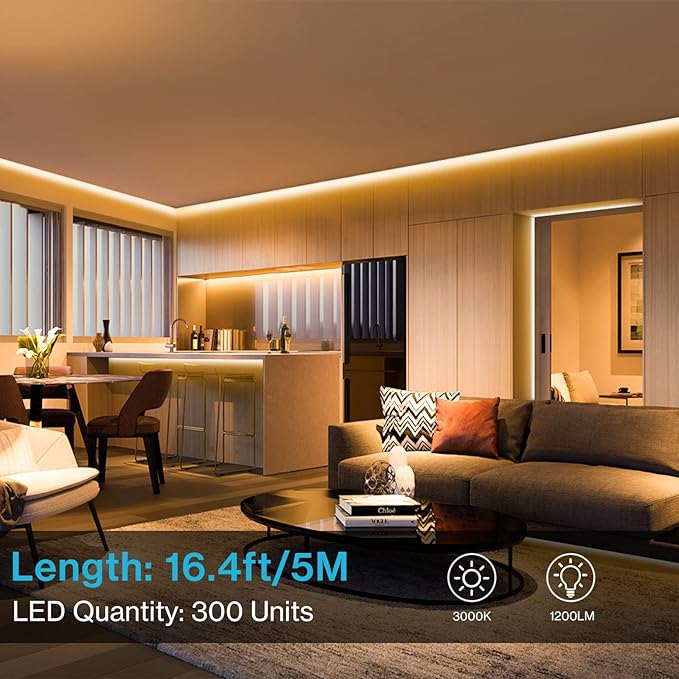 Olafus 16.4ft LED Strip Lights Warm White Dimmable, LED Rope Light Kit 12V Flexible Under Cabinet Lighting Strips, 5m 300 LEDs 2835, 3000K Bright Led Lights for Bedroom, UL Listed Plug