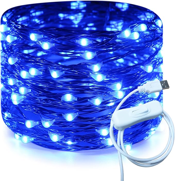 RUICHEN 20 Ft 120 LED USB Fairy String Lights with On/Off Switch, Waterproof Copper Wire Lights for Bedroom Wall Ceiling Wreath Crafts Christmas Easter Wedding Party, Blue