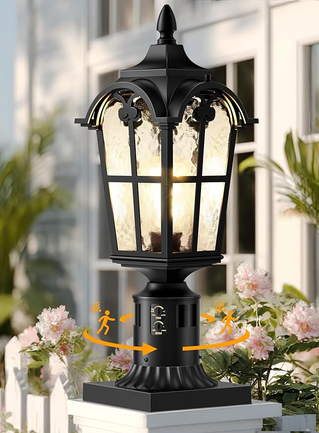 Motion Sensor Outdoor Post Lights,17.7" Dusk to Dawn Lamp Post Light Fixture, 360°Detection 3 Lighting Modes Outdoor Lighting,Waterproof Aluminum Pole Lantern for Yard Patio Pathway Garden