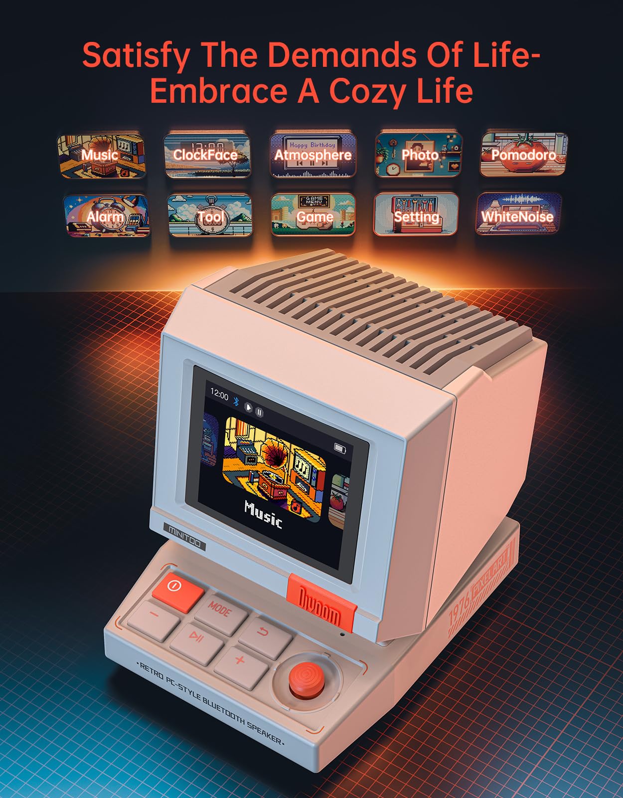 Divoom MiniToo Retro PC-Style Computer Speaker, Smart Pixel Screen with DIY Faces, Bluetooth & USB Audio, Alarm/White Noise Clock, Desk Setup Gift for Bedroom, Office & Gaming