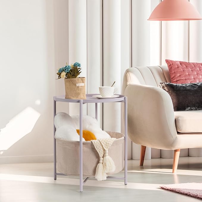 danpinera Round Side Table with Fabric Storage Basket, Metal Side Table Small Bedside Nightstand with Removable Tray Top for Living Room, Bedroom, Nursery, Laundry, Light Violet