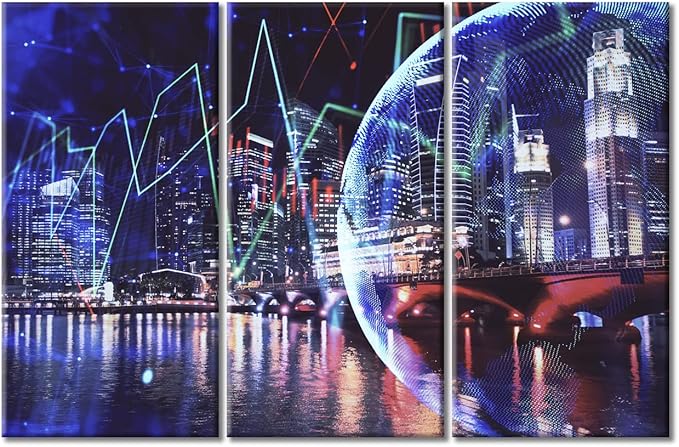 TUMOVO Wall Art 3 PiecesFinancial Chart on City Scape with Tall Buildings Background Paintings Wall Decor for Bedroom Print on Canvas Stretched and Framed Ready to Hang (42" Wx28 H)